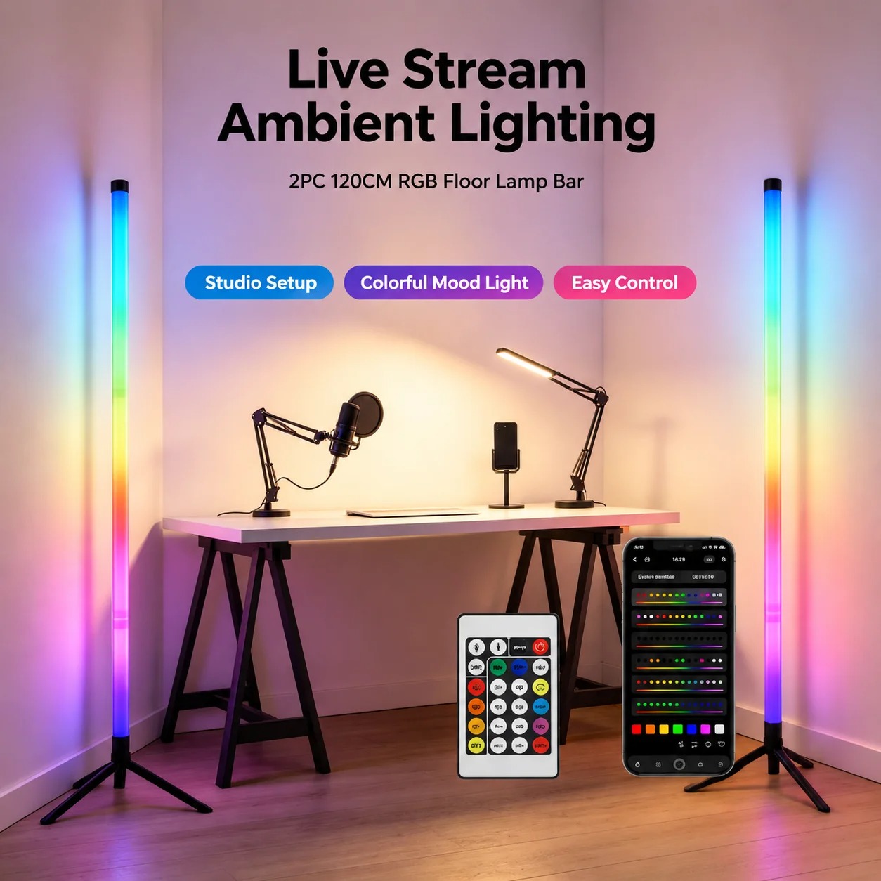 Esports Gaming Setup - مصباح أرضي RGB بطول 120 سم،
